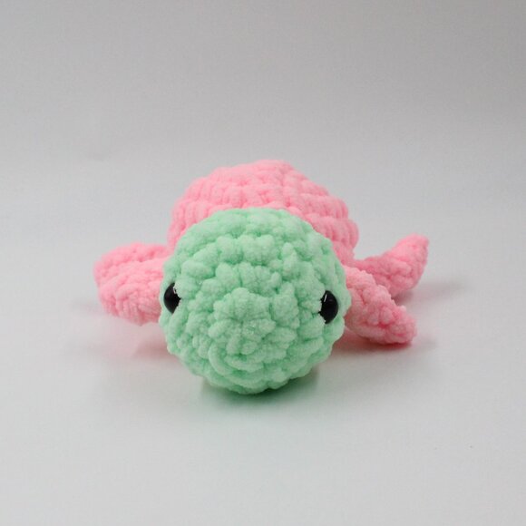 Plush Polyester Pink and Green Crochet Amigurumi Turtle - Picture 1 of 6